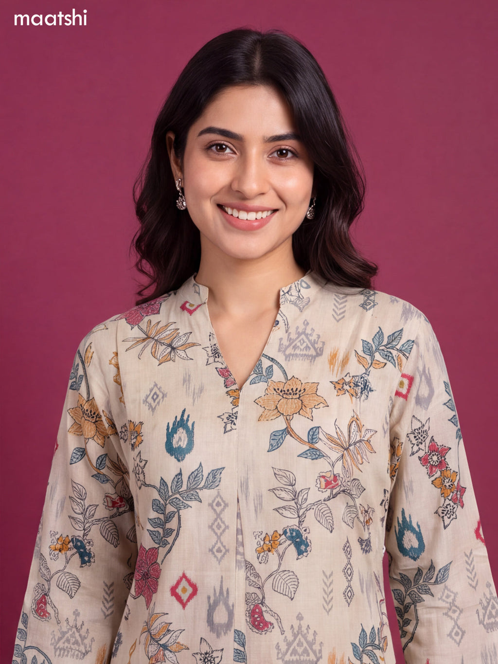 Biege Modal Floral Printed & Embroidery Work A-Line Kurti