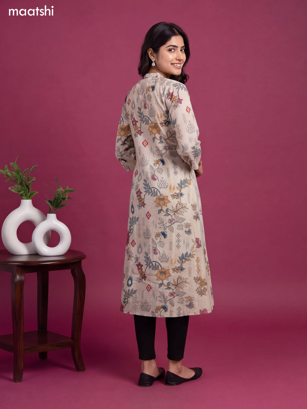 Biege Modal Floral Printed & Embroidery Work A-Line Kurti