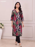 Black Art Silk Bold Floral Printed & Embroidery Work Long Kurti Set
