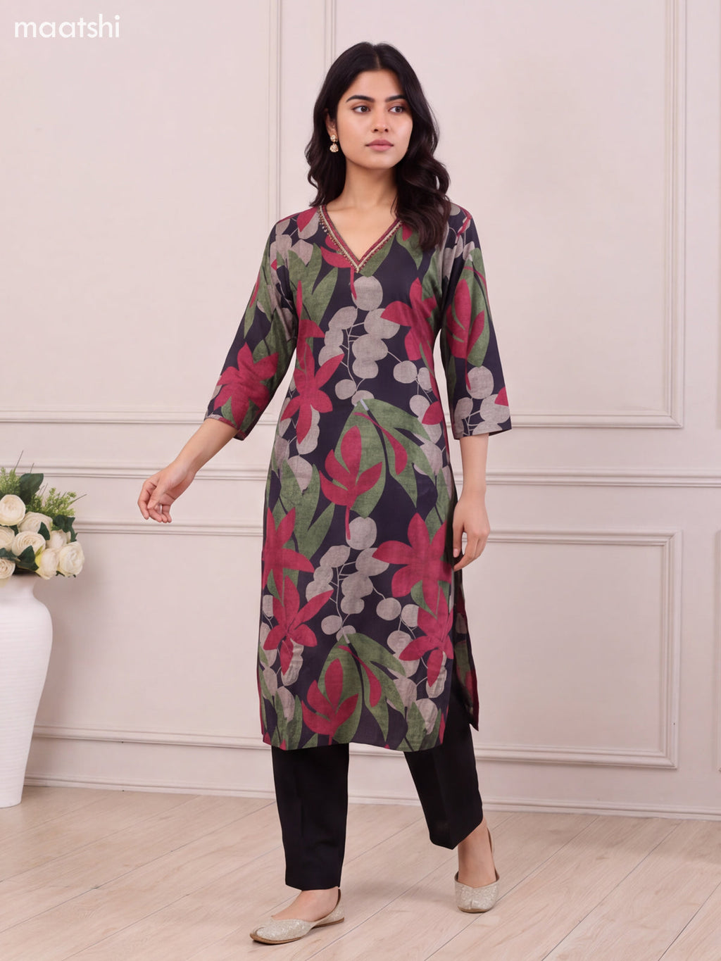 Black Art Silk Bold Floral Printed & Embroidery Work Long Kurti Set