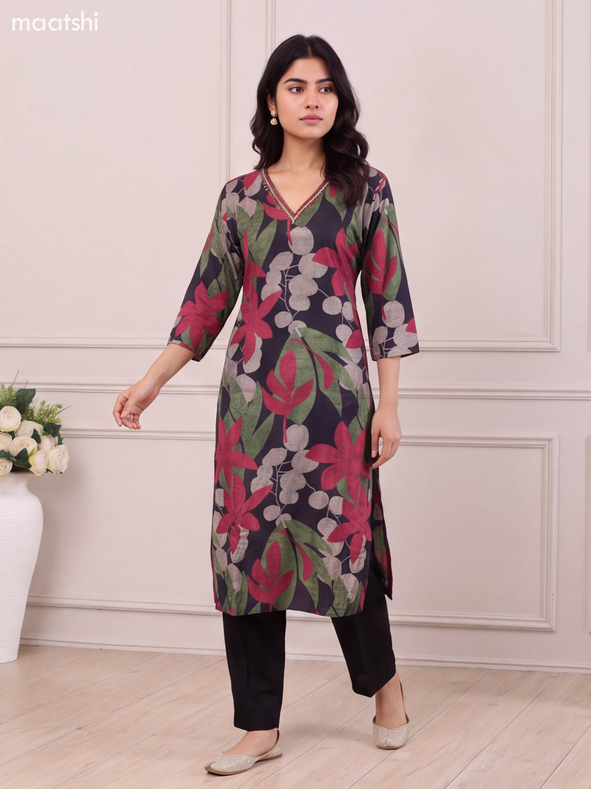 Black Art Silk Bold Floral Printed & Embroidery Work Long Kurti Set