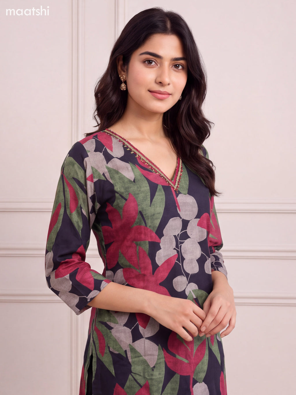 Black Art Silk Bold Floral Printed & Embroidery Work Long Kurti Set