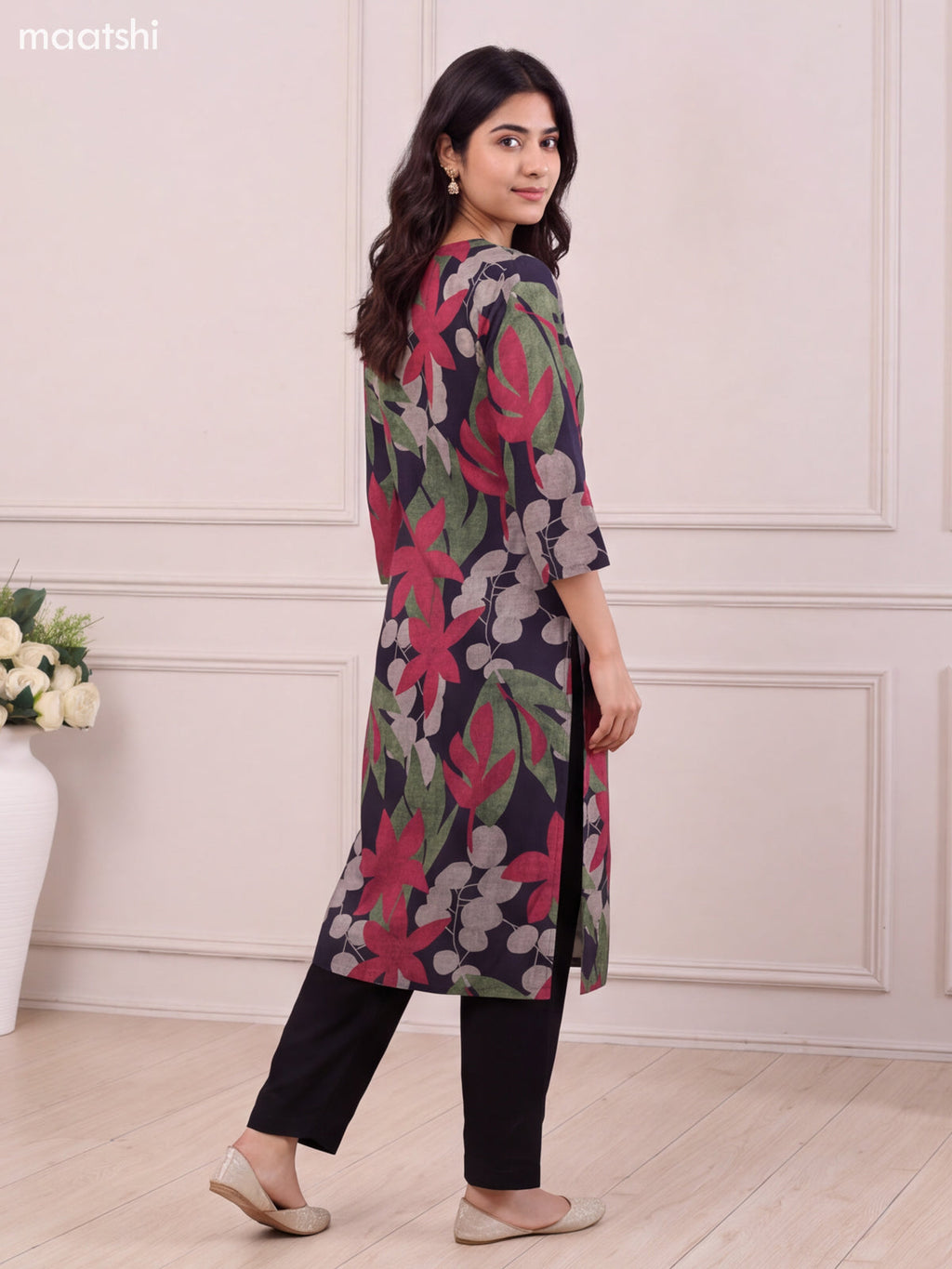 Black Art Silk Bold Floral Printed & Embroidery Work Long Kurti Set