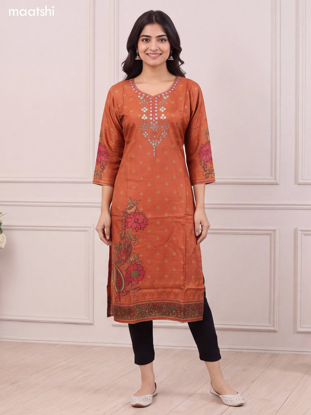 Rust Shade Art Silk Printed & Mirror Embroidery Work Straight Kurti