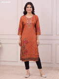 Rust Shade Art Silk Printed & Mirror Embroidery Work Straight Kurti