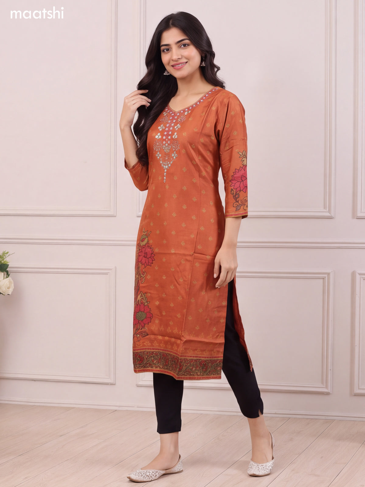 Rust Shade Art Silk Printed & Mirror Embroidery Work Straight Kurti