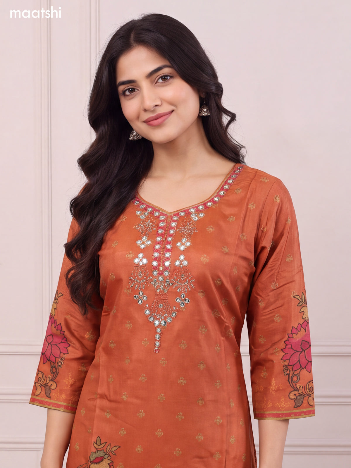 Rust Shade Art Silk Printed & Mirror Embroidery Work Straight Kurti