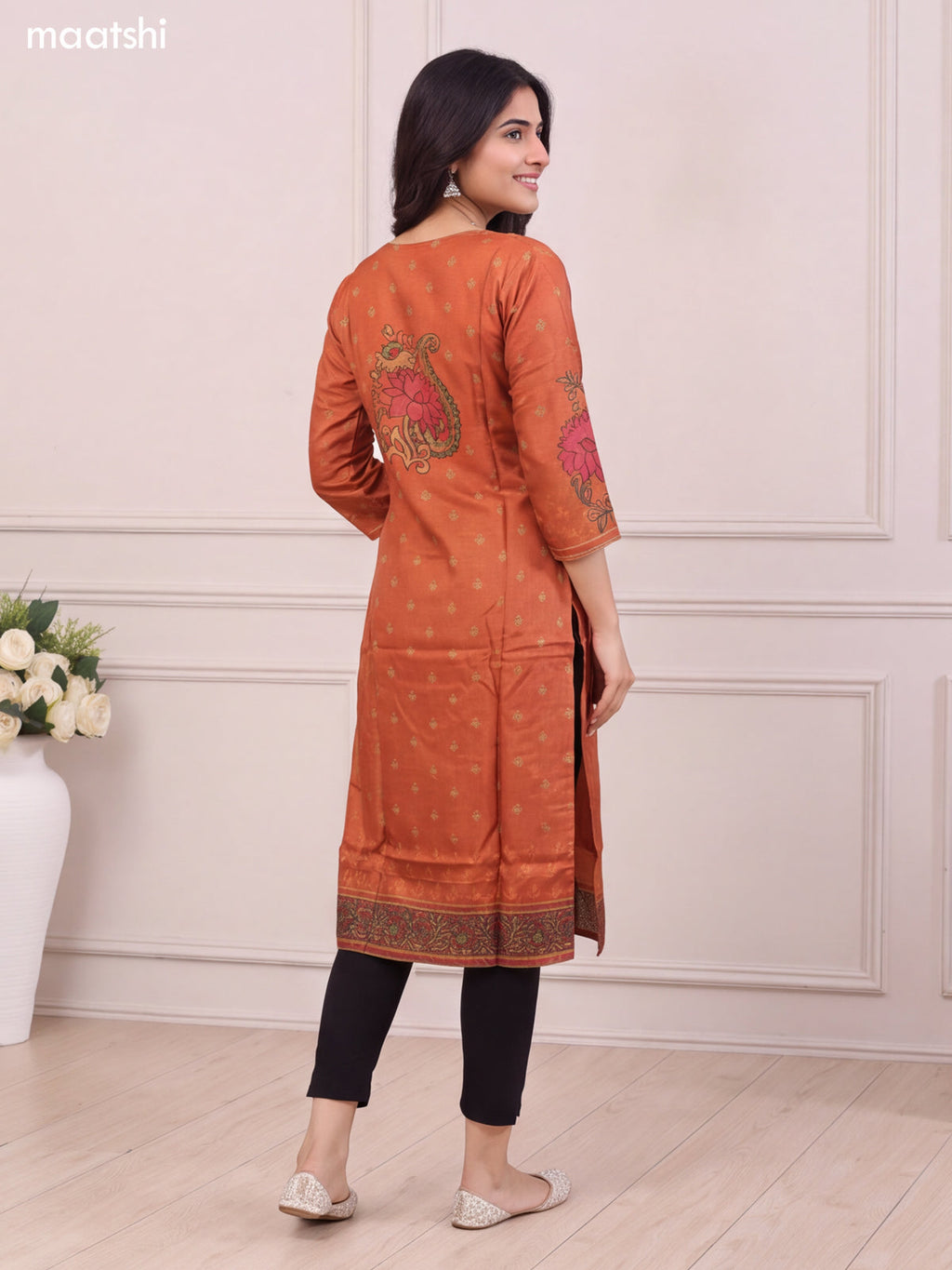 Rust Shade Art Silk Printed & Mirror Embroidery Work Straight Kurti