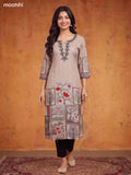 Biege and Black Art Silk Floral Printed & Embroidery Work Straight Kurti