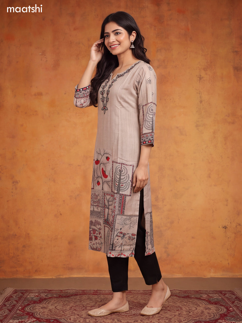 Biege and Black Art Silk Floral Printed & Embroidery Work Straight Kurti