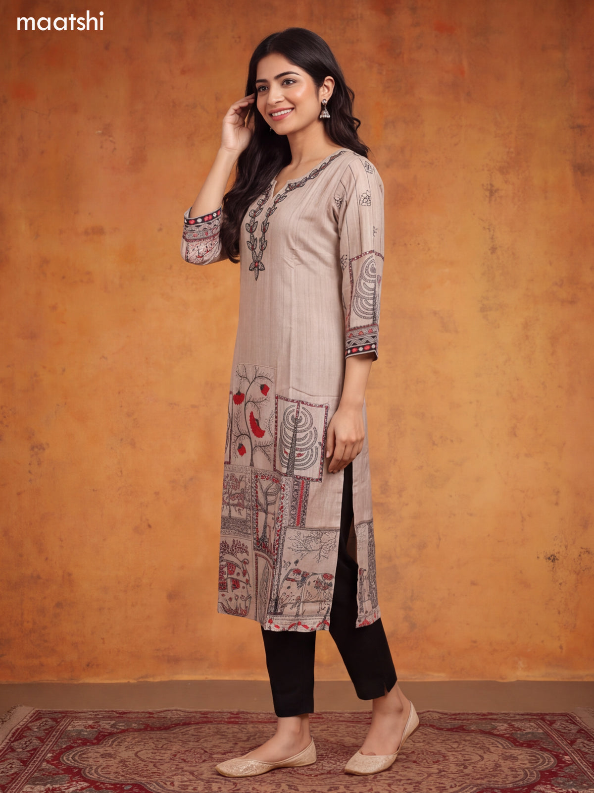 Biege and Black Art Silk Floral Printed & Embroidery Work Straight Kurti