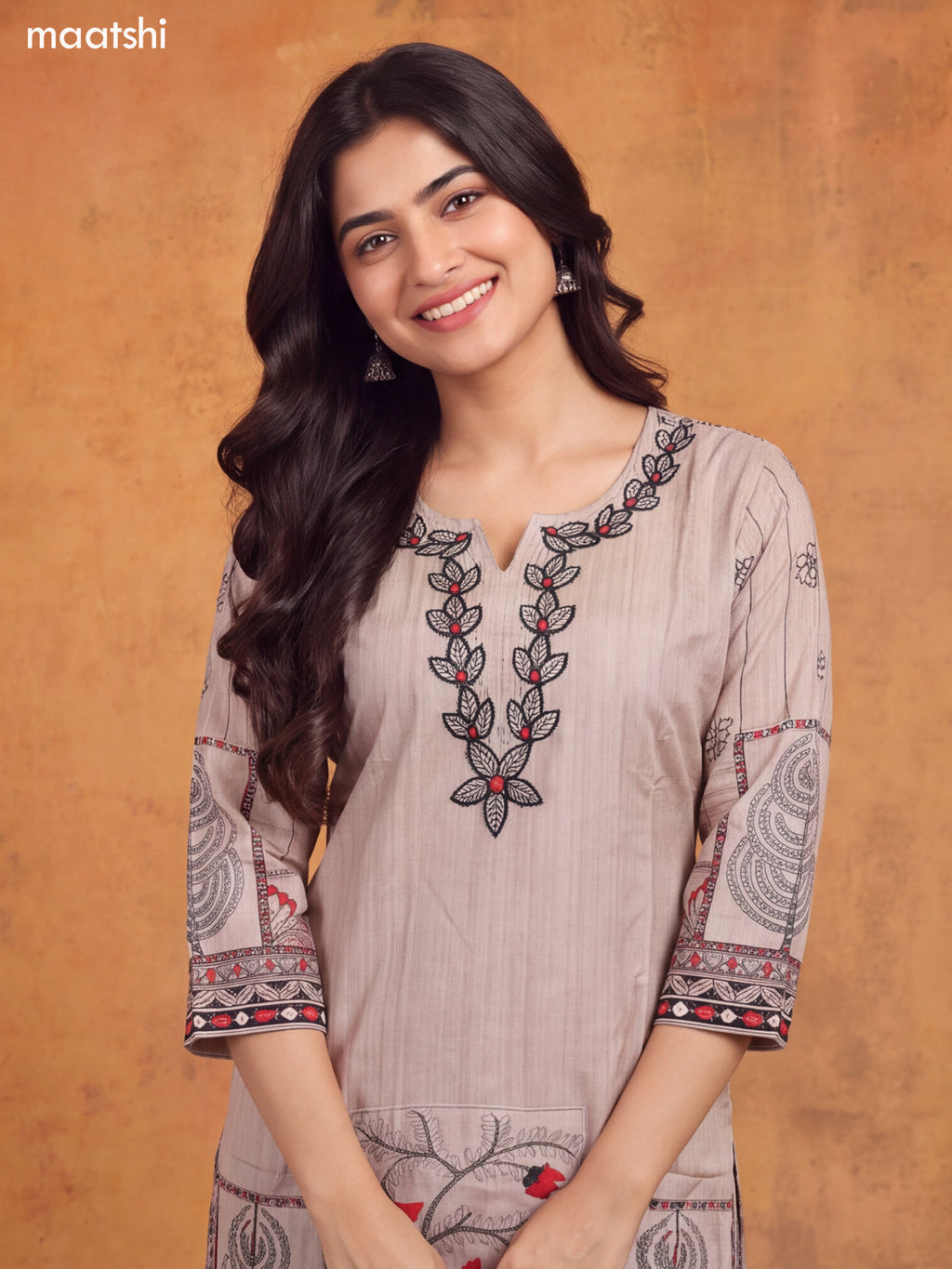 Biege and Black Art Silk Floral Printed & Embroidery Work Straight Kurti