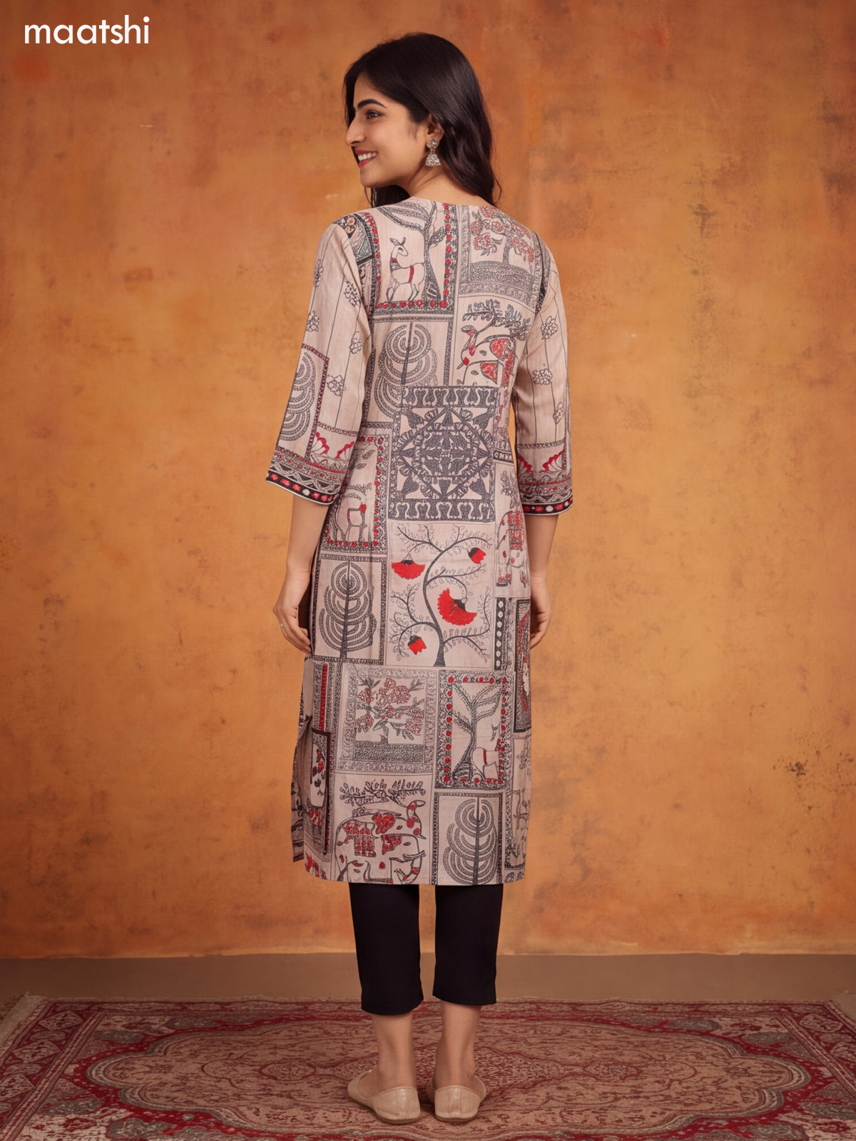 Biege and Black Art Silk Floral Printed & Embroidery Work Straight Kurti