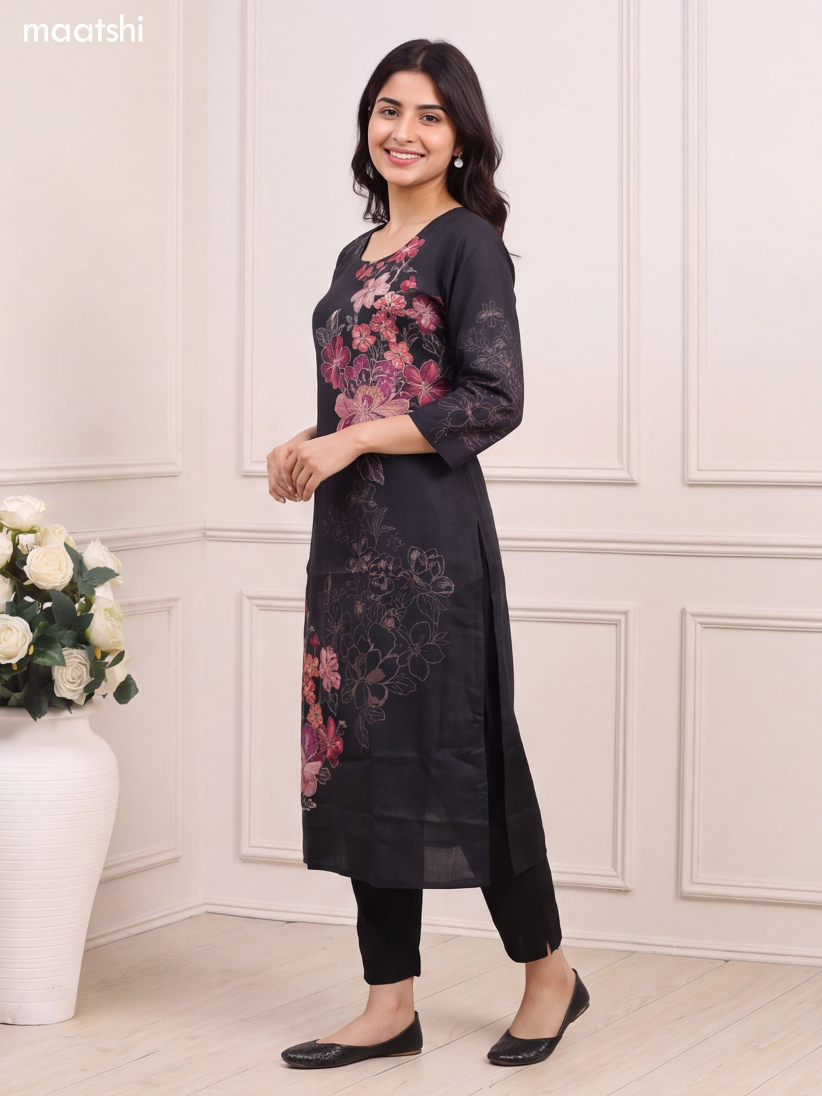 Black Art Silk Floral Printed & Embroidery Work Straight Kurti