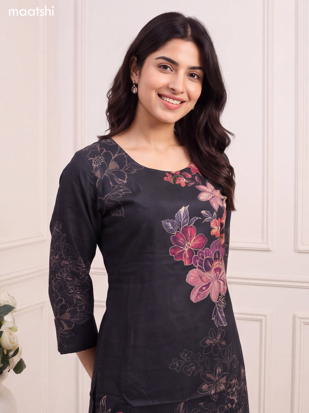 Black Art Silk Floral Printed & Embroidery Work Straight Kurti
