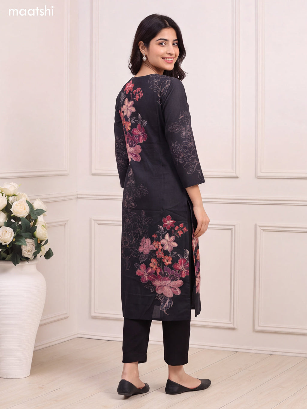 Black Art Silk Floral Printed & Embroidery Work Straight Kurti