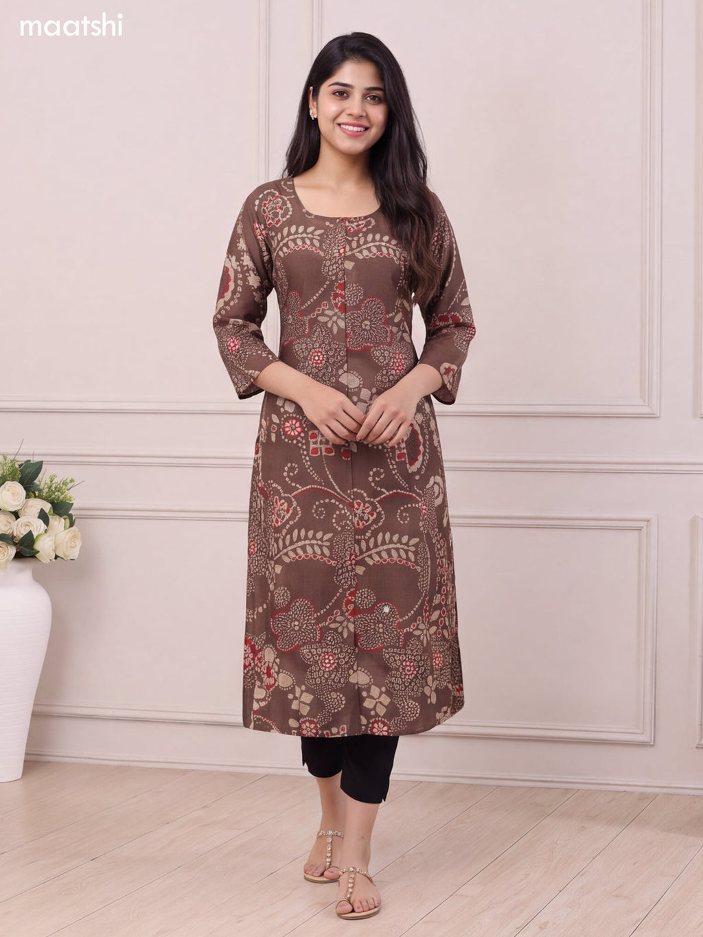 Brown and Biege Modal Allover Printed Straight Kurti