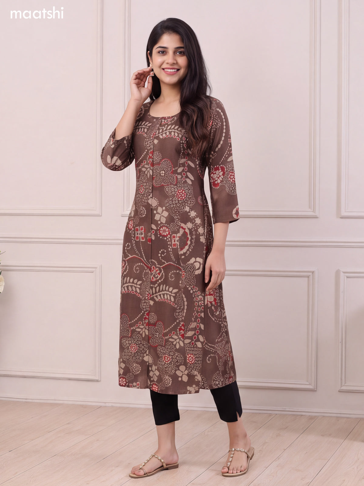 Brown and Biege Modal Allover Printed Straight Kurti