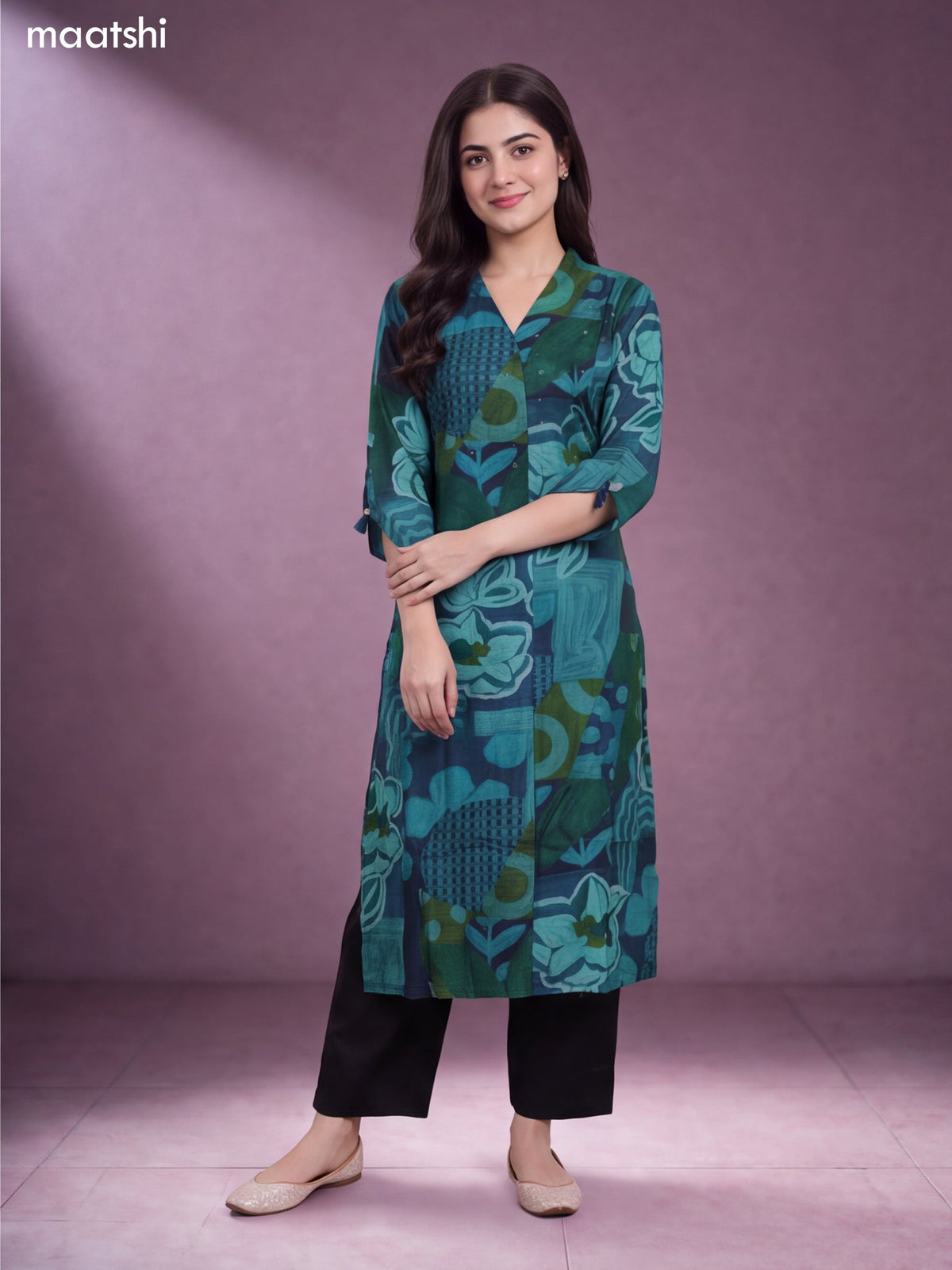 Teal Green Modal Printed Straight Kurti
