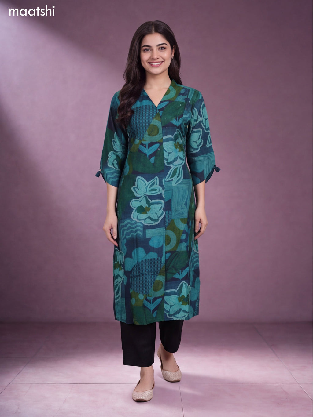 Teal Green Modal Printed Straight Kurti