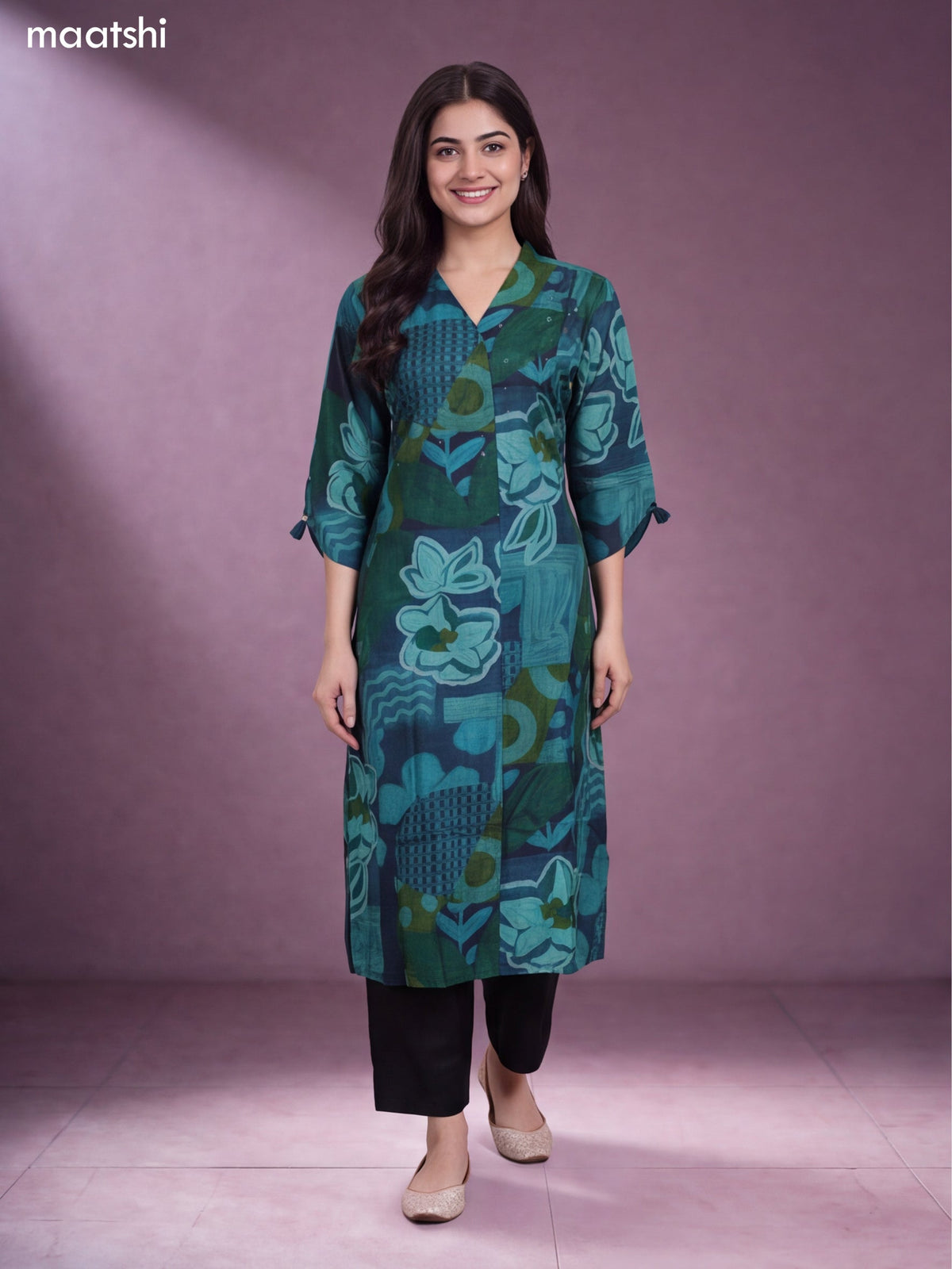 Teal Green Modal Printed Straight Kurti