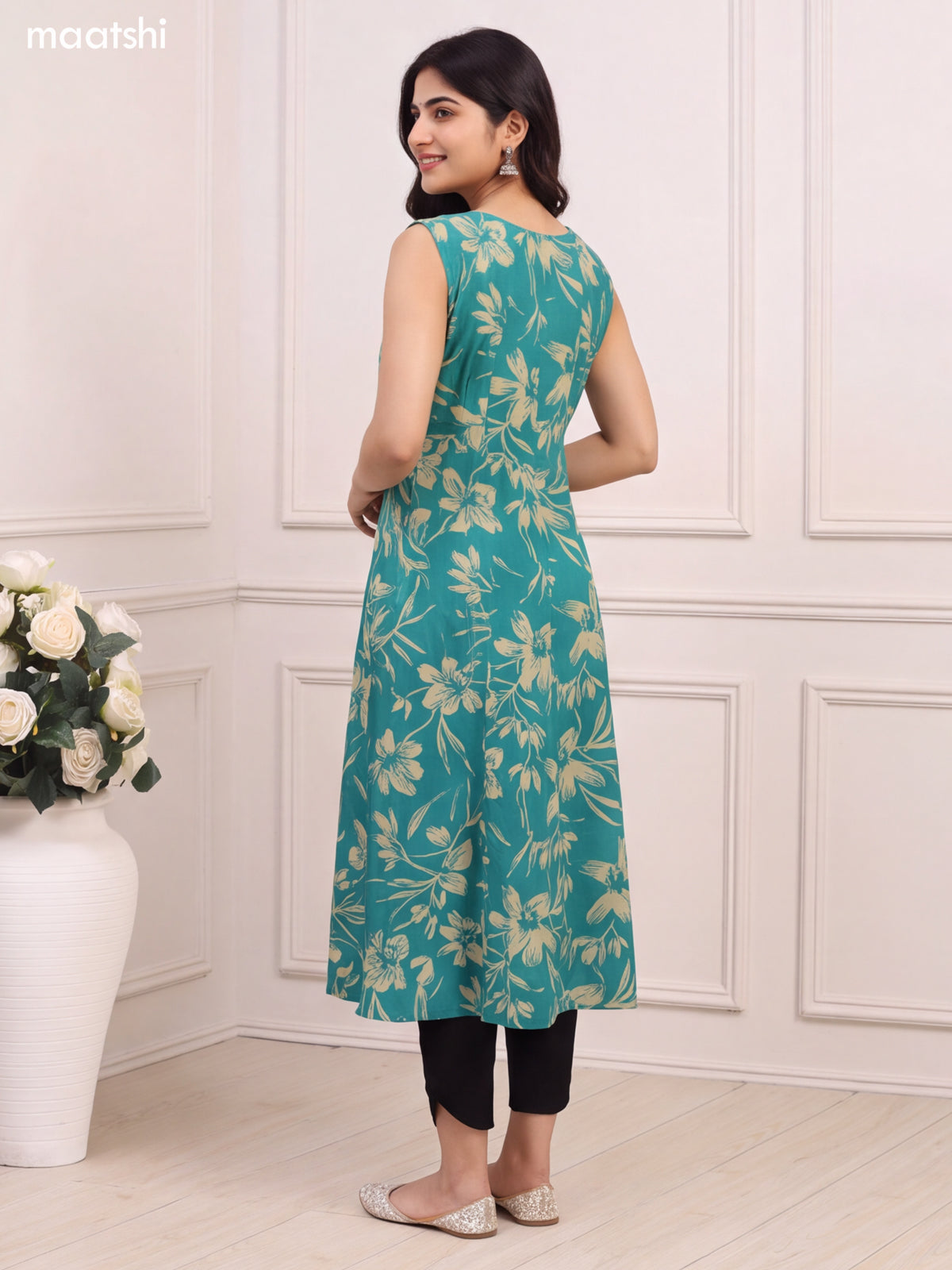 Green Muslin Floral Printed Anarkali Kurti