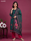 Green and Rani Pink Art Tussar Printed & Embroidery Work Straight Suit