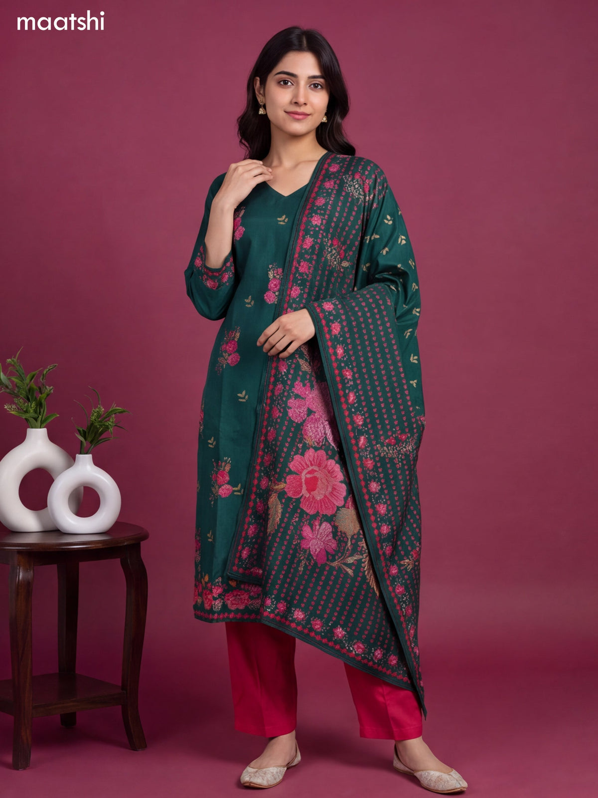 Green and Rani Pink Art Tussar Printed & Embroidery Work Straight Suit