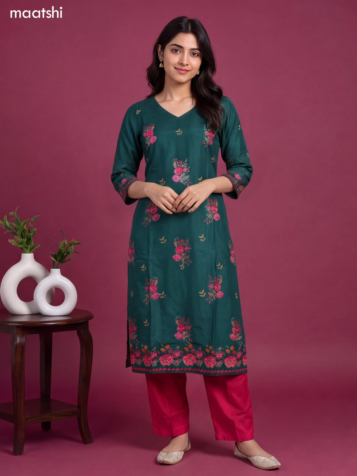 Green and Rani Pink Art Tussar Printed & Embroidery Work Straight Suit