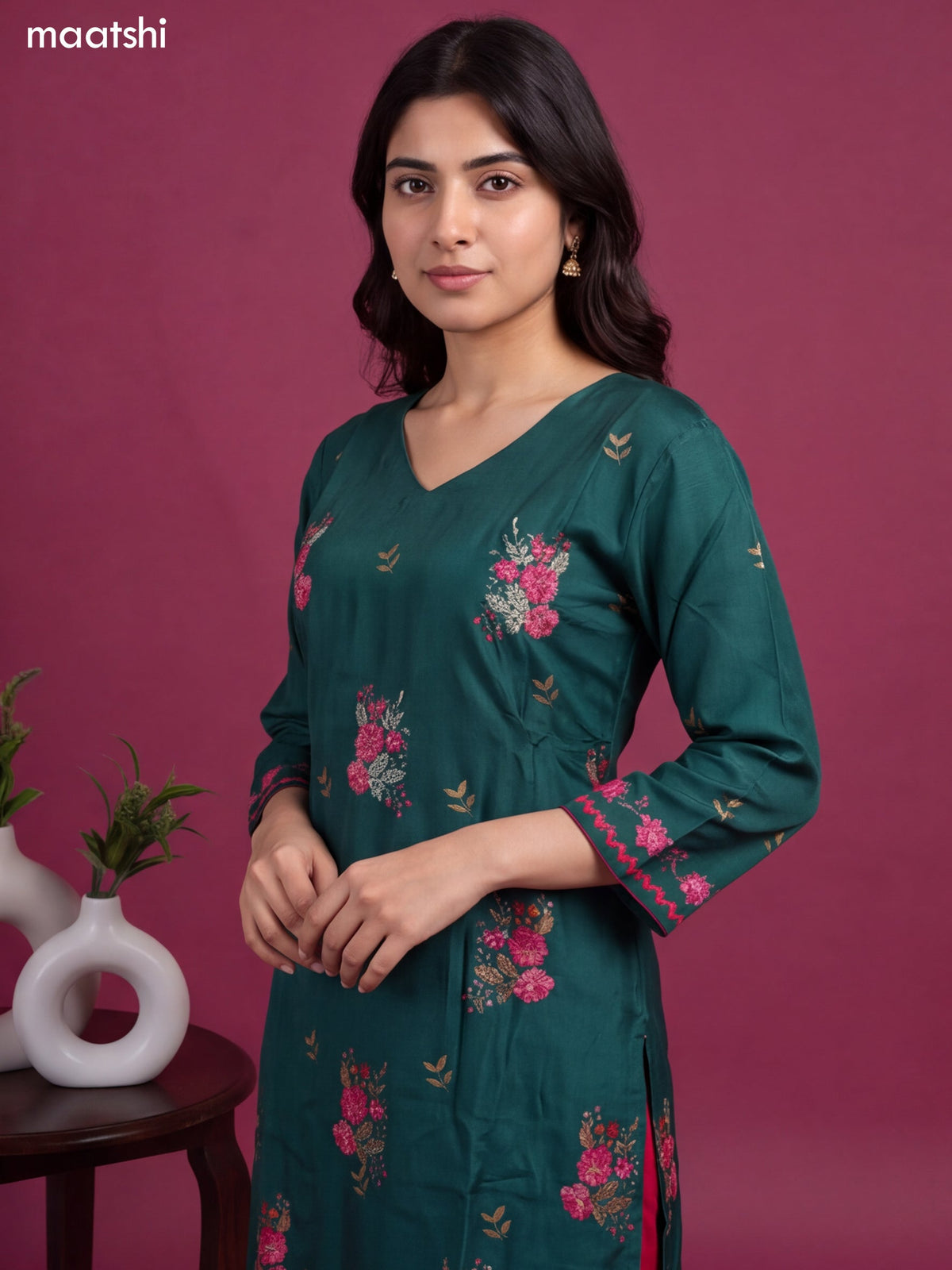 Green and Rani Pink Art Tussar Printed & Embroidery Work Straight Suit