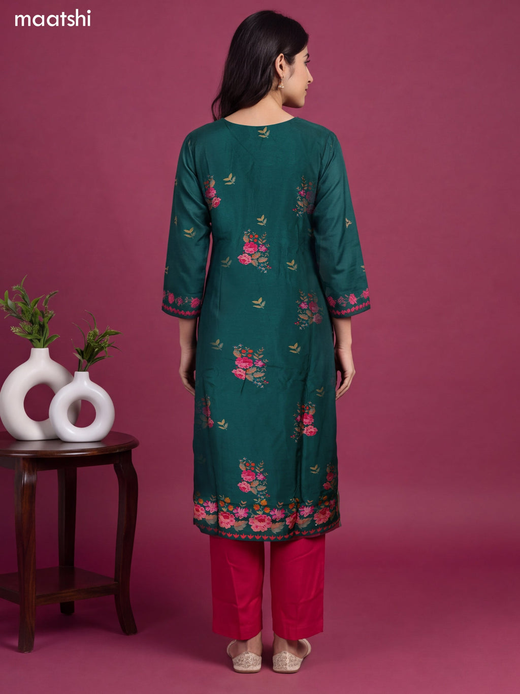 Green and Rani Pink Art Tussar Printed & Embroidery Work Straight Suit
