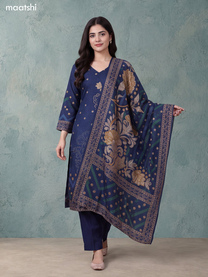 Navy Blue Art Tussar Printed & Embroidery Work Straight Suit