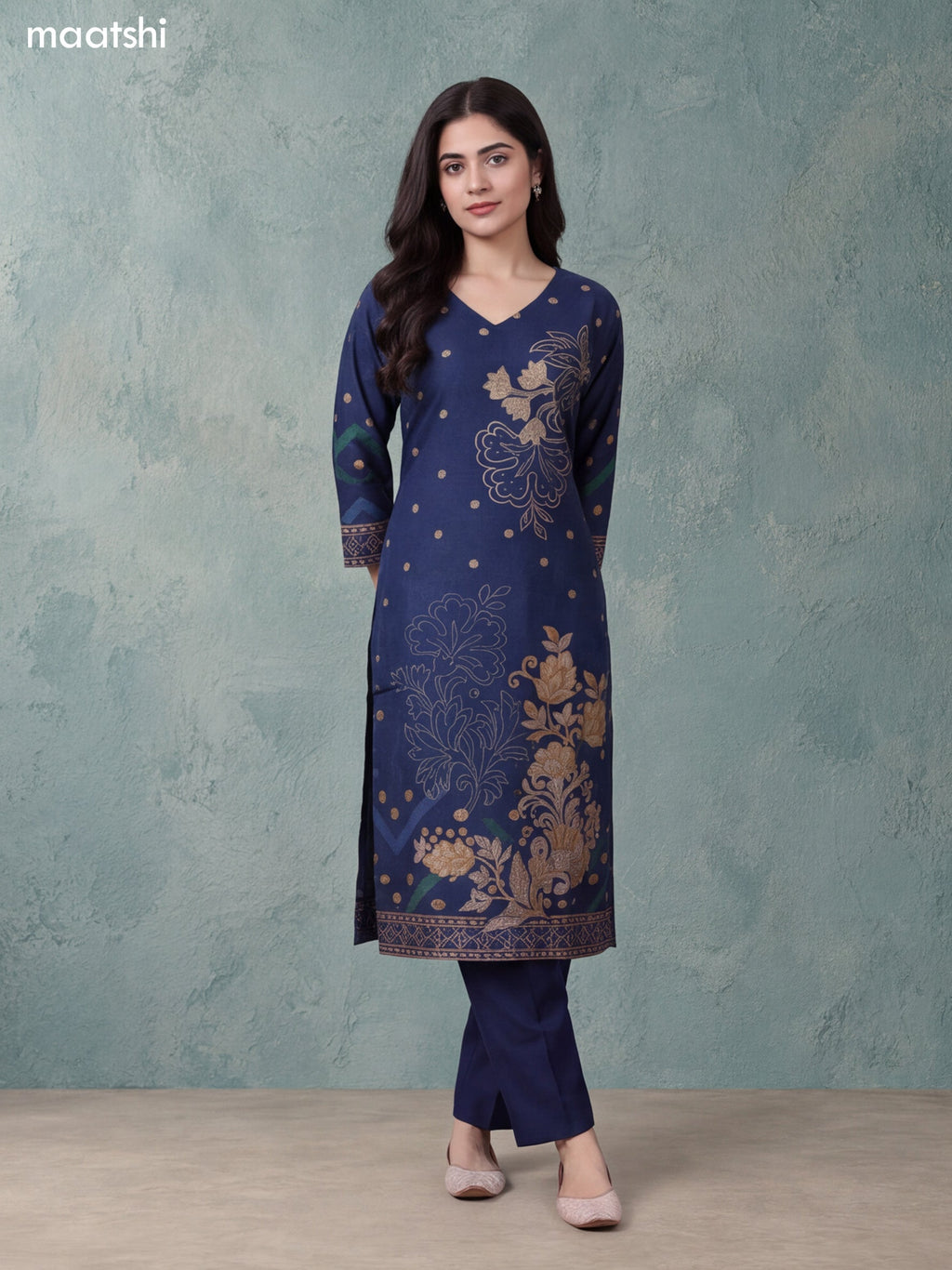 Navy Blue Art Tussar Printed & Embroidery Work Straight Suit