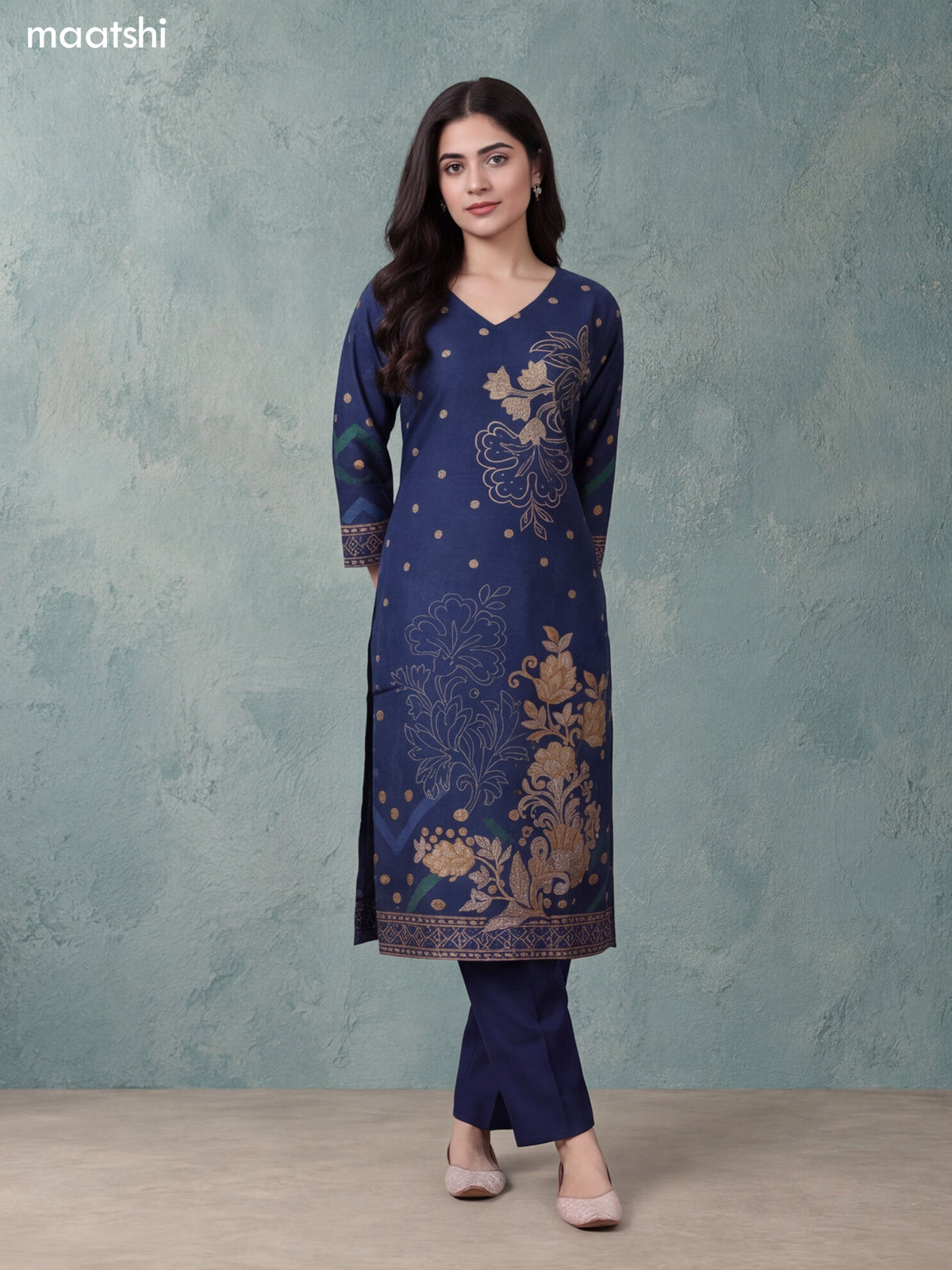 Navy Blue Art Tussar Printed & Embroidery Work Straight Suit