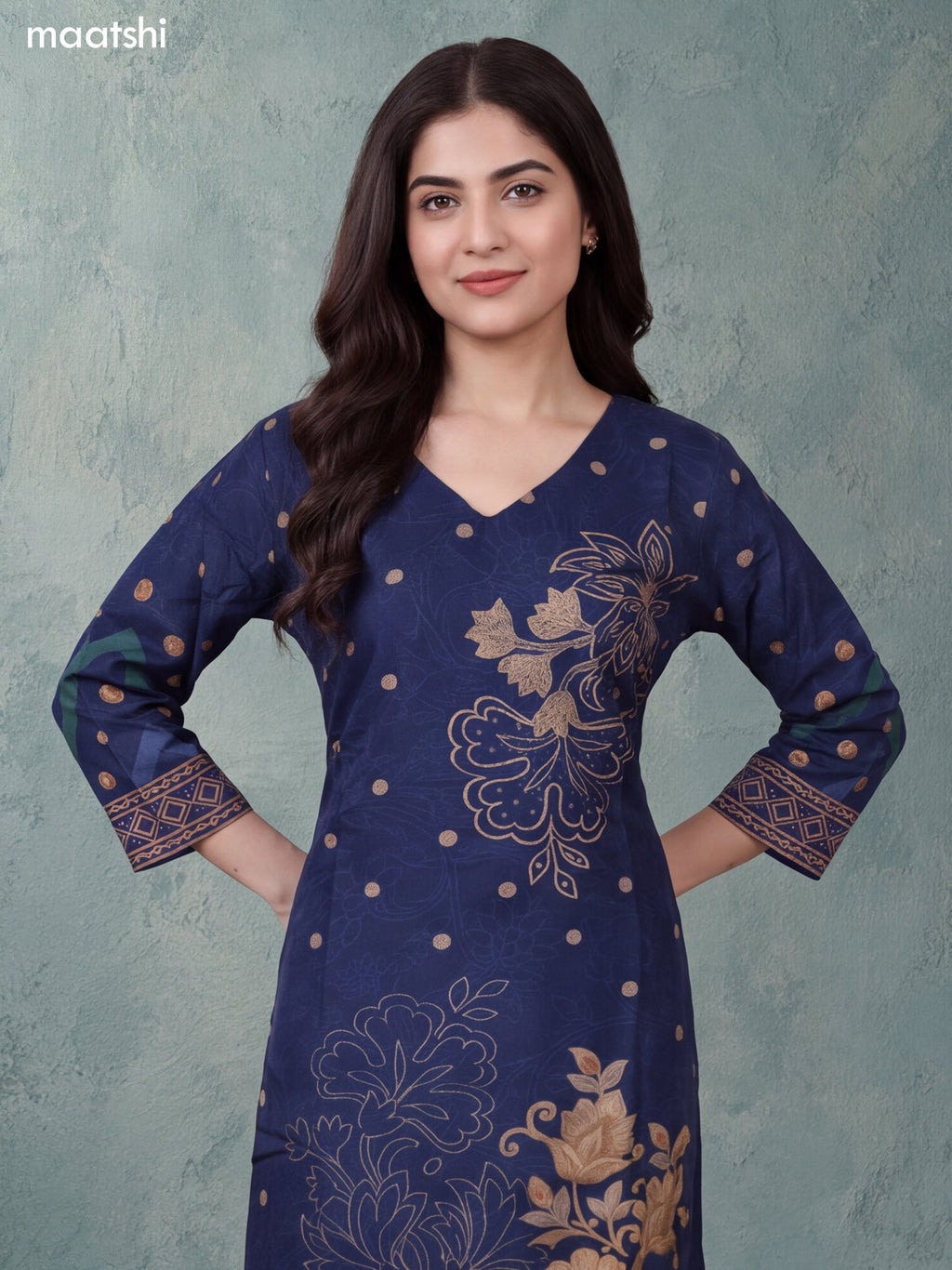 Navy Blue Art Tussar Printed & Embroidery Work Straight Suit