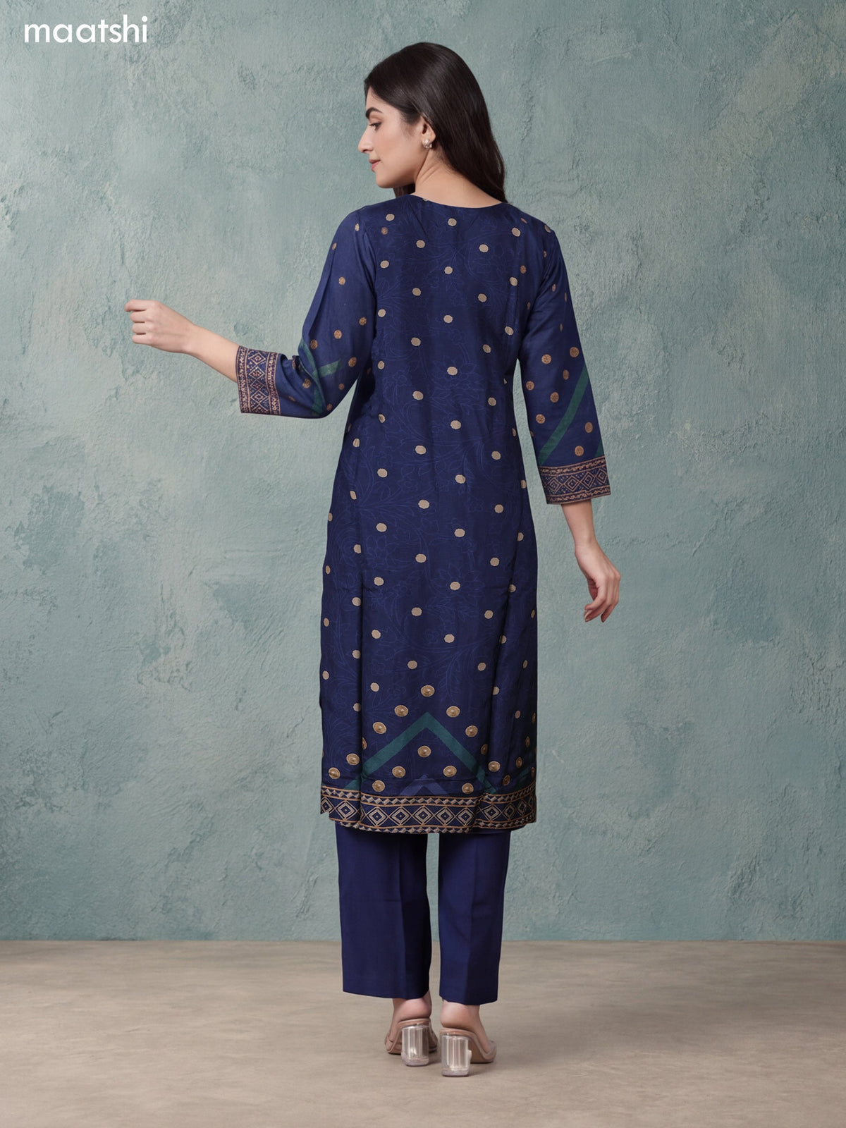Navy Blue Art Tussar Printed & Embroidery Work Straight Suit