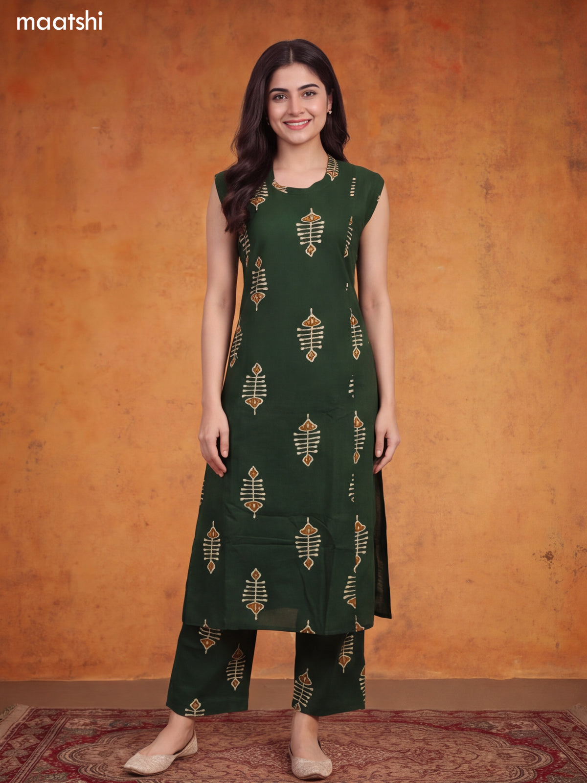 Dark Sap Green Cotton Printed Long Co-Ord Set