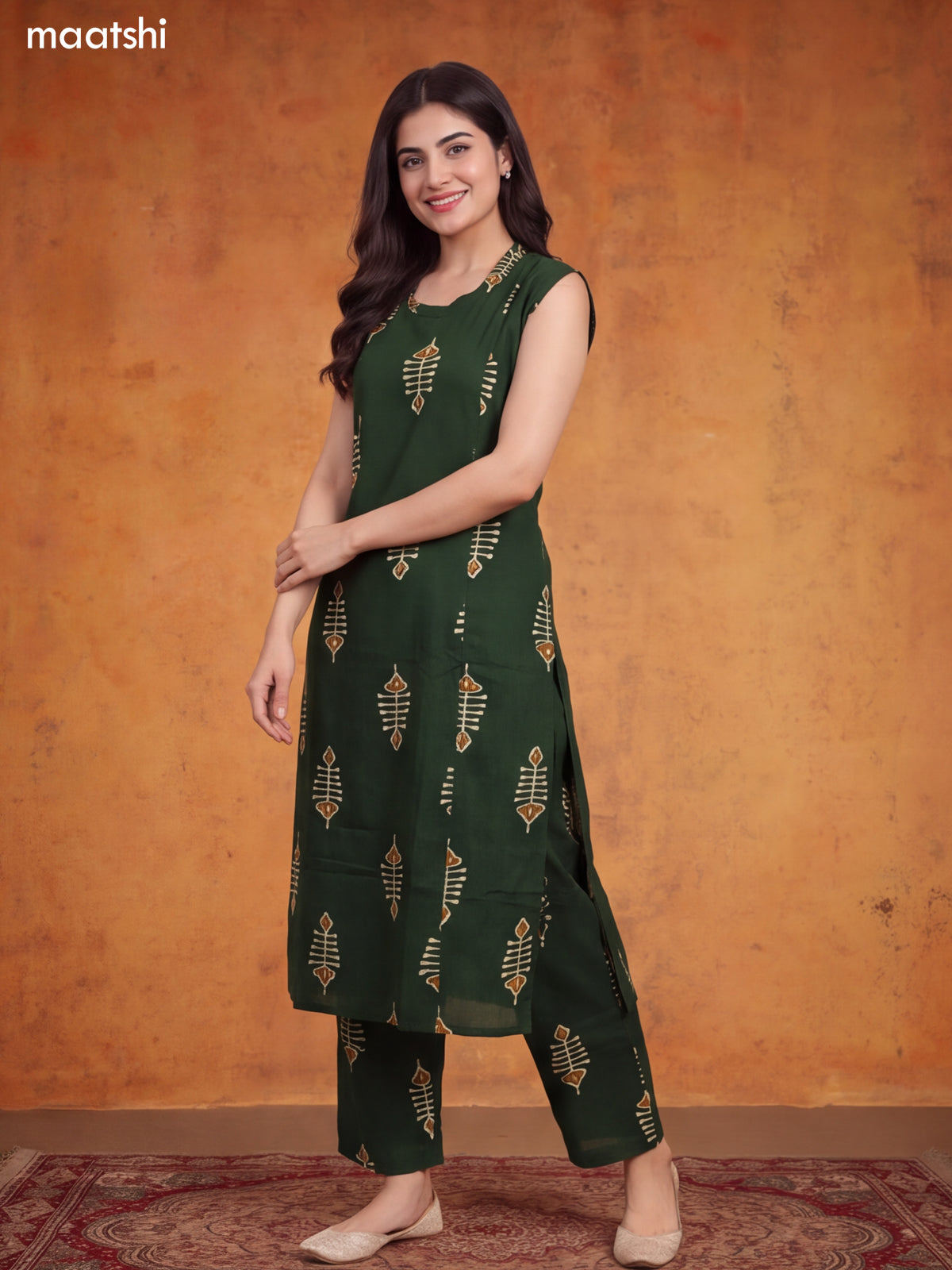 Dark Sap Green Cotton Printed Long Co-Ord Set