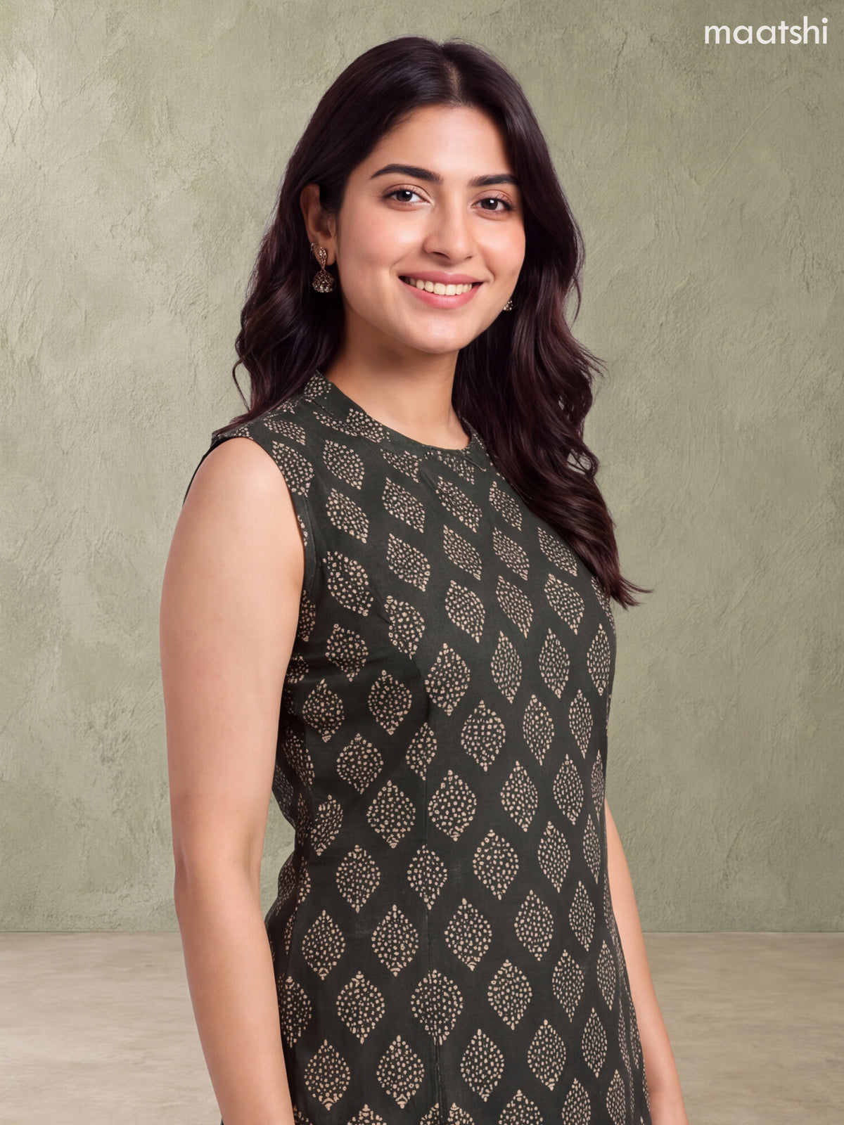 Dark Sap Green and Biege Cotton Printed A-Line Kurti Set