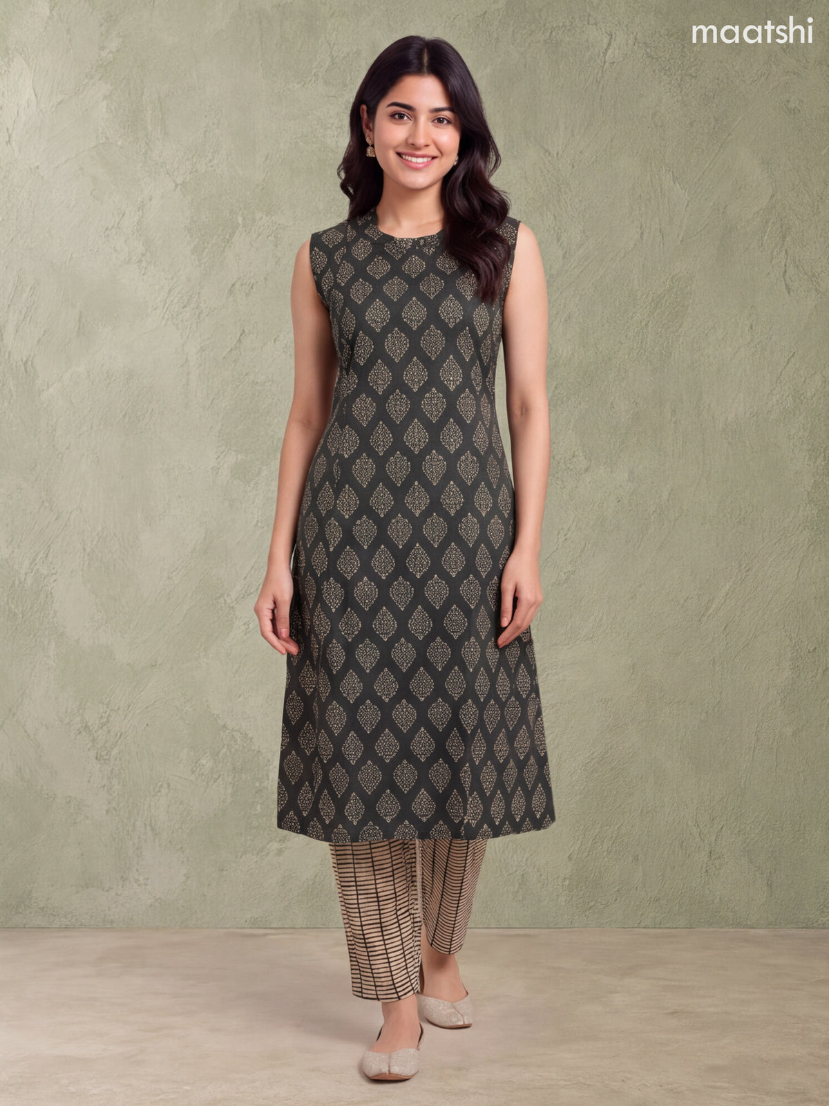 Dark Sap Green and Biege Cotton Printed A-Line Kurti Set
