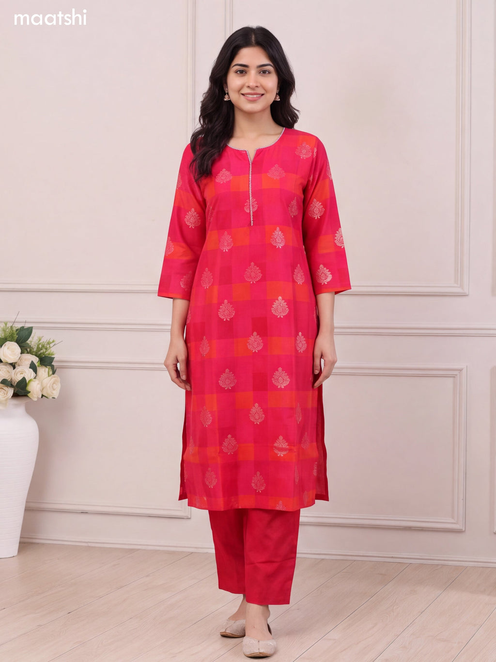 Rani Pink and Orange Modal Printed & Simple Embroidery Work Straight Suit