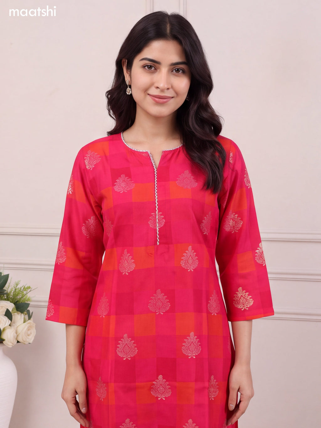 Rani Pink and Orange Modal Printed & Simple Embroidery Work Straight Suit