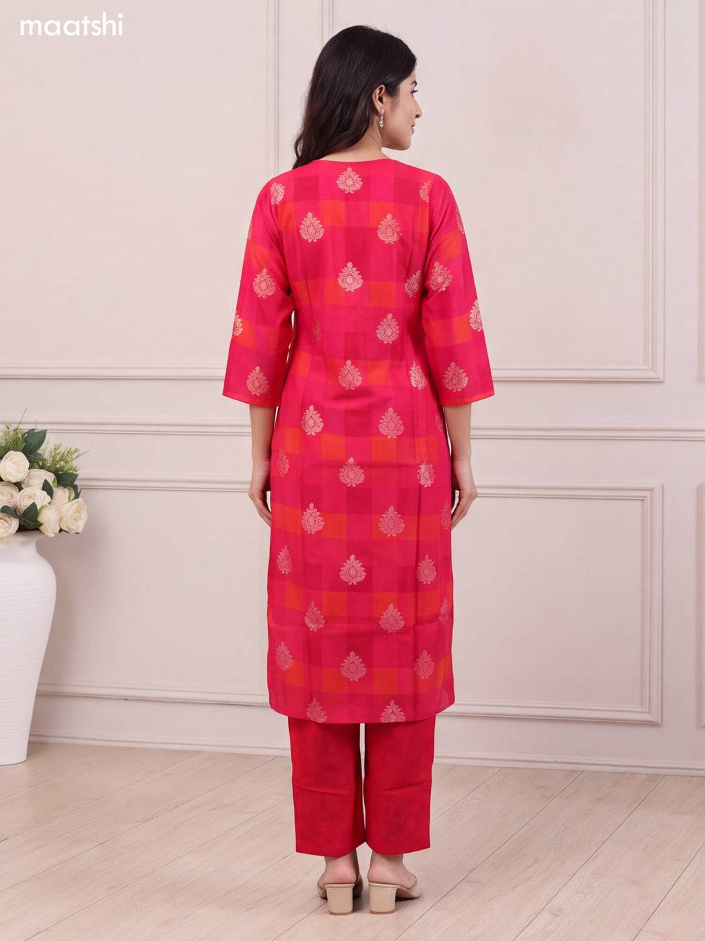 Rani Pink and Orange Modal Printed & Simple Embroidery Work Straight Suit