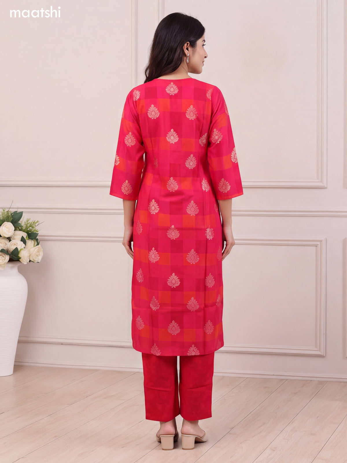 Rani Pink and Orange Modal Printed & Simple Embroidery Work Straight Suit