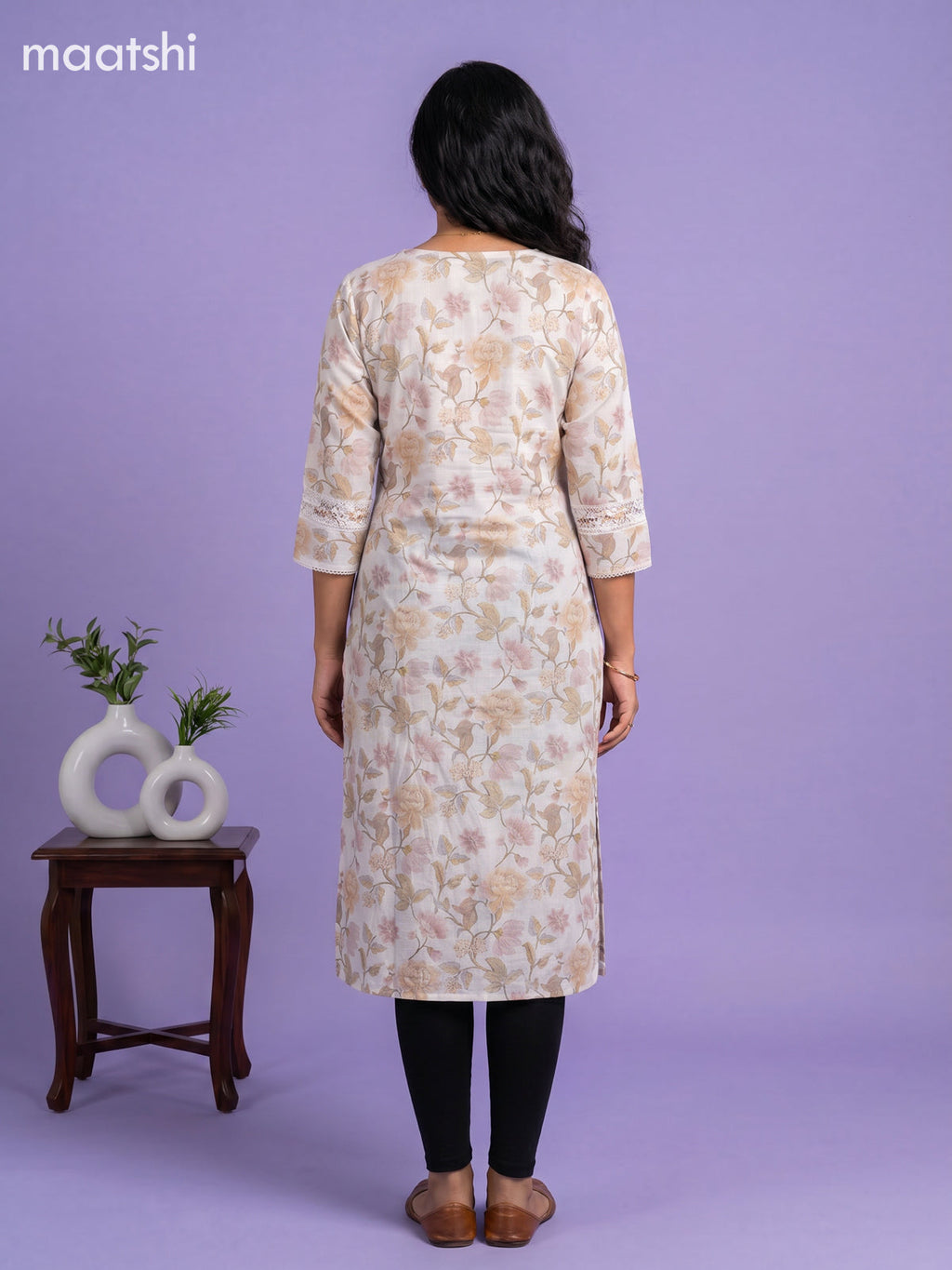 Off White and Sandal Linen Cotton Printed & Embroidery Work Straight Kurti