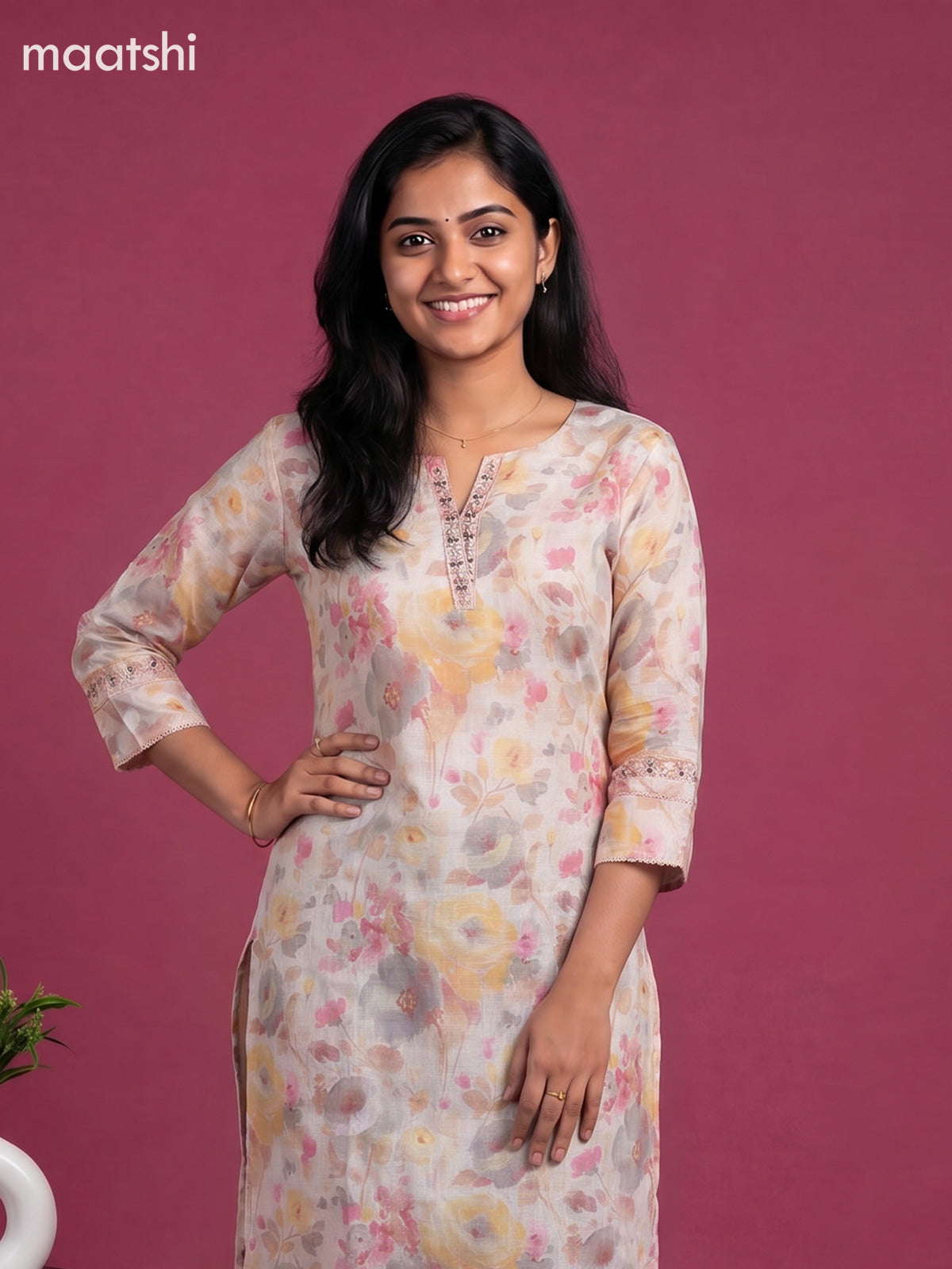 Peach Pink and Linen Cotton Printed & Embroidery Work Straight Kurti