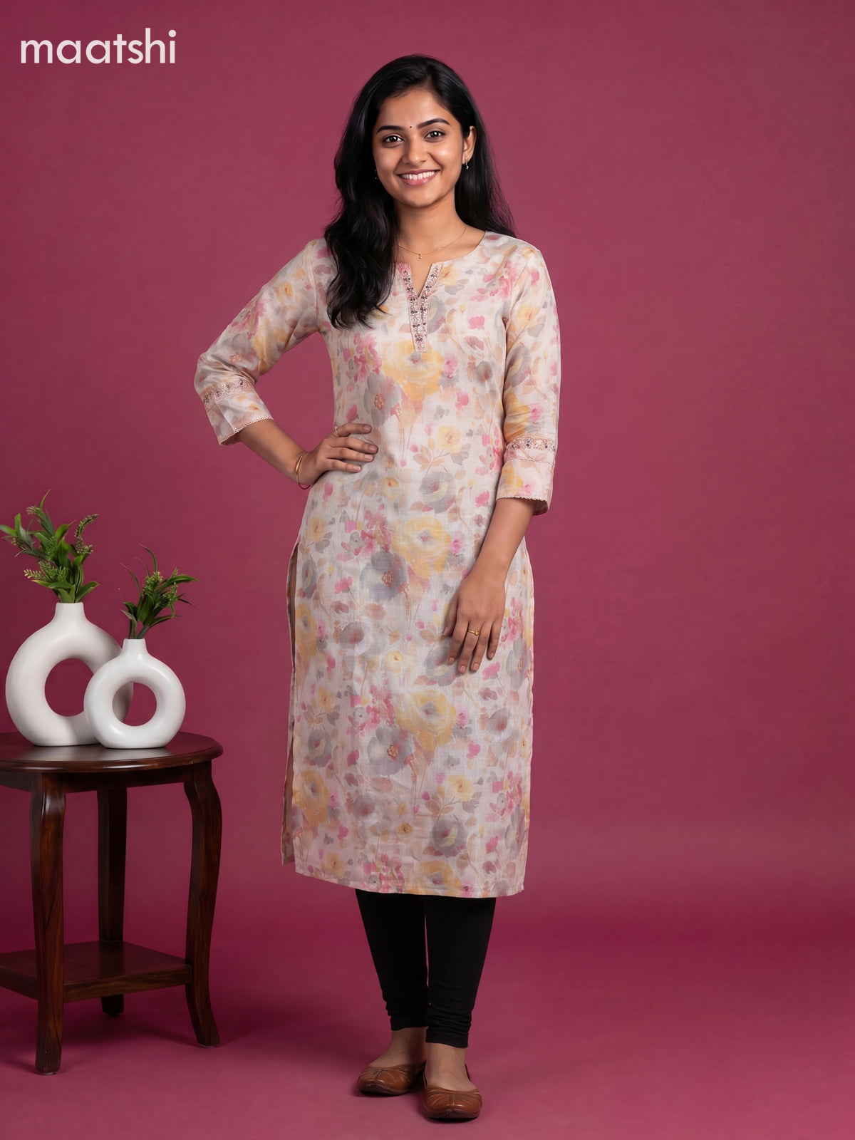 Peach Pink and Linen Cotton Printed & Embroidery Work Straight Kurti