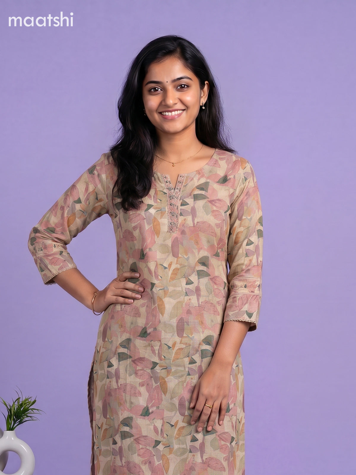Sandal Linen Cotton Printed & Embroidery Work Straight Kurti