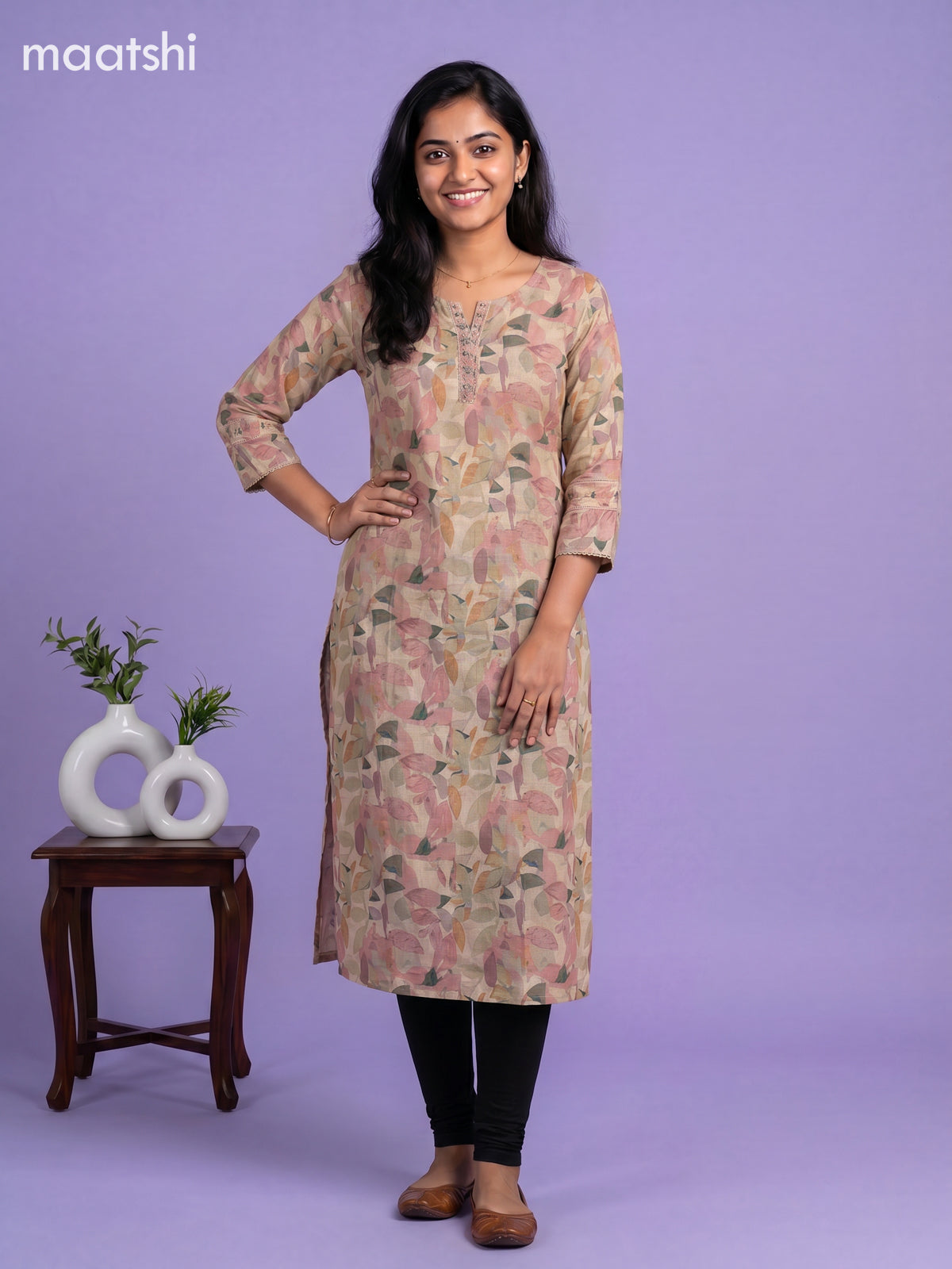 Sandal Linen Cotton Printed & Embroidery Work Straight Kurti
