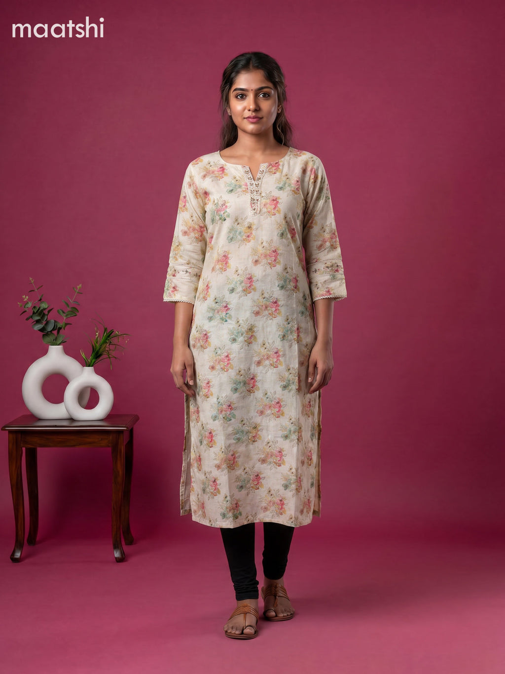 Sandal Linen Cotton Printed & Embroidery Work Straight Kurti
